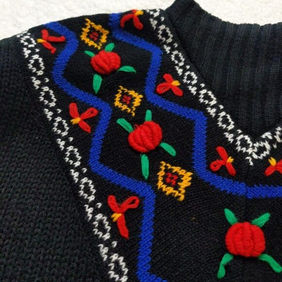 Vintage 1980s Design Zone Knit Sweater Roses Floral Mock Neck Black Size Small - Picture 4 of 7